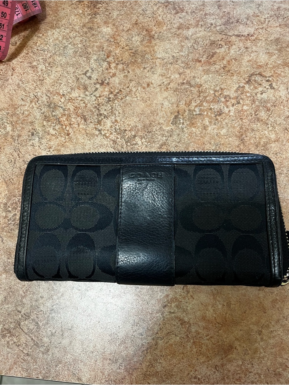 Coach Black Signature Canvas Zip Wallet with Leather Trim